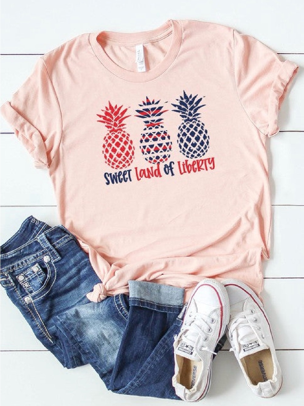 Bella Canvas Pink Short Sleeve Tee with Red and Navy Pineapple Print